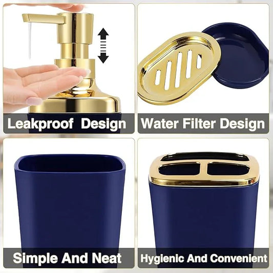 XLHOMO Navy Blue Bathroom Accessories Set 8 Piece Navy Blue and Gold Bathroom Set, Bathroom Sets with Stainless Steel Trash Can,Toilet Brush,Toothbrush Set,Soap Dispenser - ModernBath