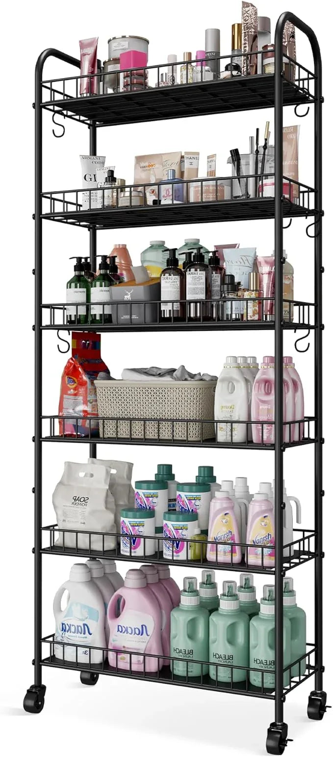 6 Tier Slim Storage Cart with Wheels, Metal Mobile Shelving Unit Organizer Utility Cart for Office Bathroom Kitchen Laundry Room Narrow Places (10inches) - ModernBath