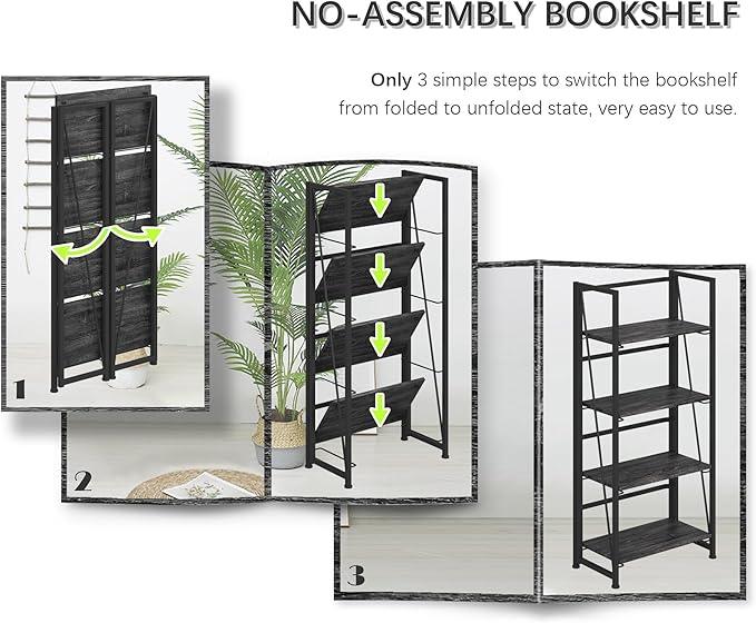 4NM No Assembly Folding Bookshelf Storage Shelves 4 Tiers Vintage Bookcase Standing Racks Study Organizer Home Office (Gray Black) - ModernBath