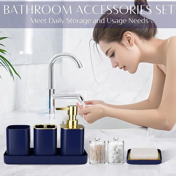 9PCS Bathroom Accessory Set, Navy Blue Bathroom Set with Large-Capacity 4 Gallon Trash Can, Bathroom Accessories Set Complete Toothbrush Holder, Soap Dispenser, Toilet Brush, Bathroom Decor - ModernBath