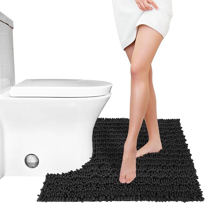 Yimobra Toilet Rug U Shaped Washable 24x20 Inch - Ultra Soft Absorbent Chenille Bath Rugs for Toilet, Quick Dry & Machine Washable, Non Slip Contour Bathroom Mat, Black - ModernBath