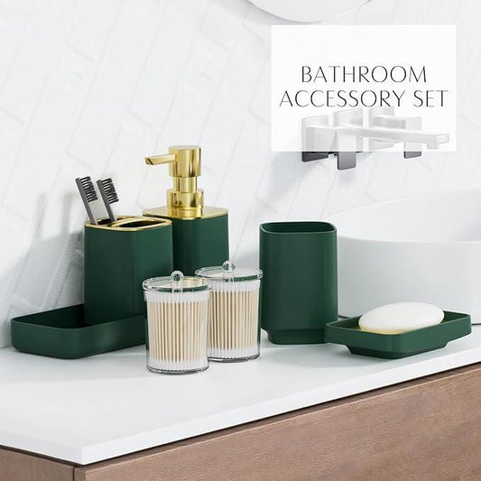 9PCS Bathroom Accessory Set, Dark Green Bathroom Set with Large-Capacity 4 Gallon Trash Can, Bathroom Accessories Set Complete, Toothbrush Holder, Soap Dispenser, Toilet Brush, Bathroom Decor - ModernBath
