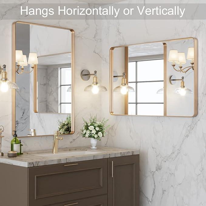 LOAAO 24”X32” Gold Bathroom Mirror, Rounded Rectangle Gold Frame Mirror, Brushed Gold Bathroom Vanity Mirror Wall-Mounted, Anti-Rust, Hangs Horizontally or Vertically - ModernBath