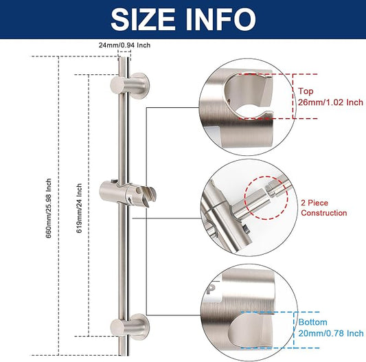 NearMoon Shower Slide Bar with Height/Angle Adjustable Handheld Shower Holder, Bathroom SUS 304 Stainless Steel Shower Head Holder for Bath (Adhesive, Brushed Nickel)