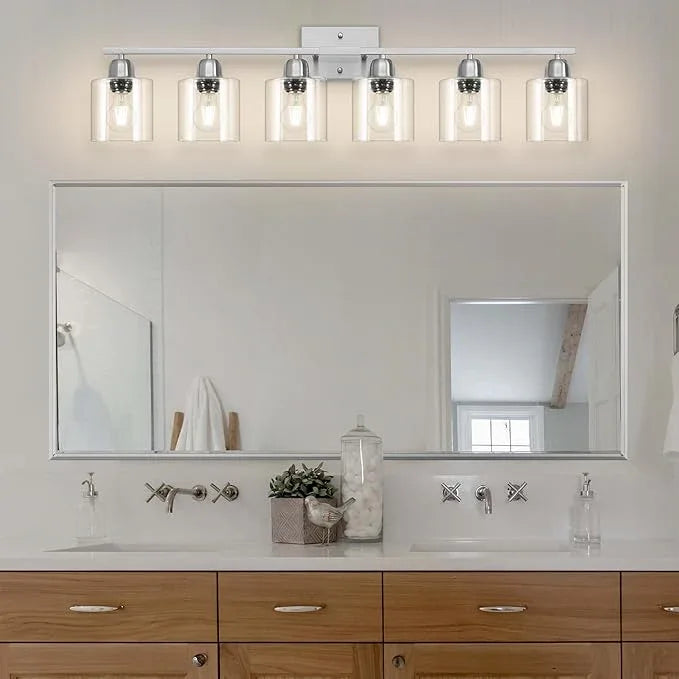 FAISHILAN Modern Brushed Nickel 6 Light Bathroom Light Fixtures,38 inch Vanity Lights for Bathroom with Clear Glass, Vanity Light for Mirror Kitchen Living Room Hallway Cabinet Porch - ModernBath
