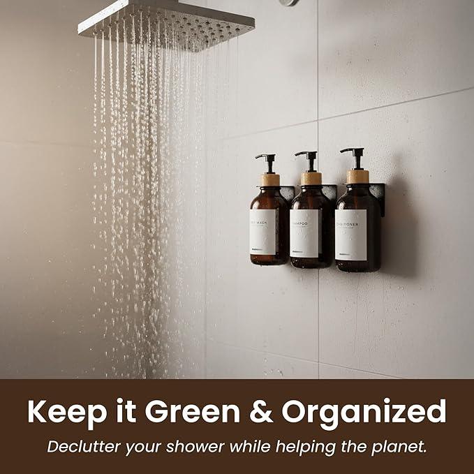 MaisoNovo Shampoo and Conditioner Dispenser - Shower Soap Dispenser Wall Mounted - 16.9 fl oz Set of 3 Amber Plastic Bottles Black Bamboo Pump - Shampoo Dispenser, Shower Dispenser 3 Chamber No Drill - ModernBath