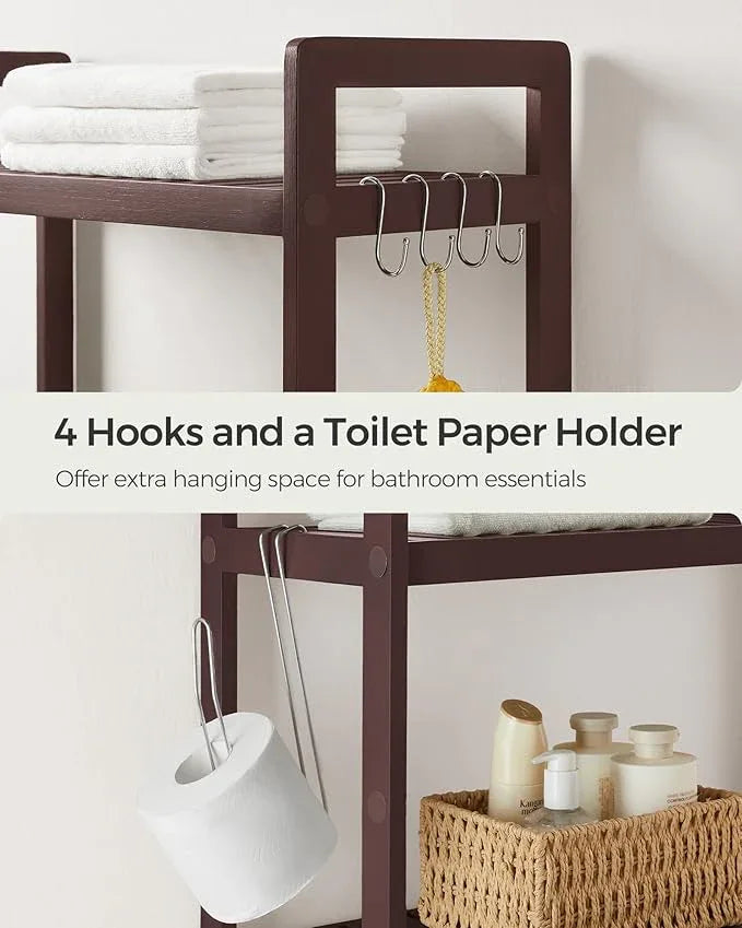 SONGMICS Over The Toilet Storage, 3-Tier Over Toilet Bathroom Organizer with Adjustable Shelf, 10.2 x 24.8 x 66.9 Inches, Space-Saving, Brown UBTS01BR - ModernBath