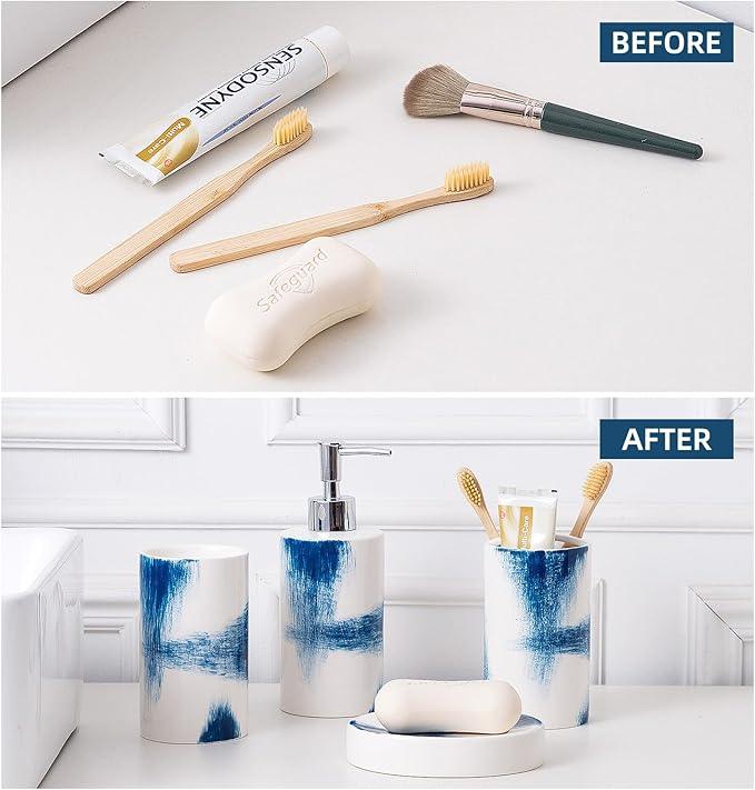 4 Piece Painted Ceramic Bathroom Accessory Set, Includes Soap Dispenser Pump, Toothbrush Holder, Tumbler, Soap Dish Sanitary, Ideas Home Gift for Ware Home Decor Bath(Blue & White) - ModernBath