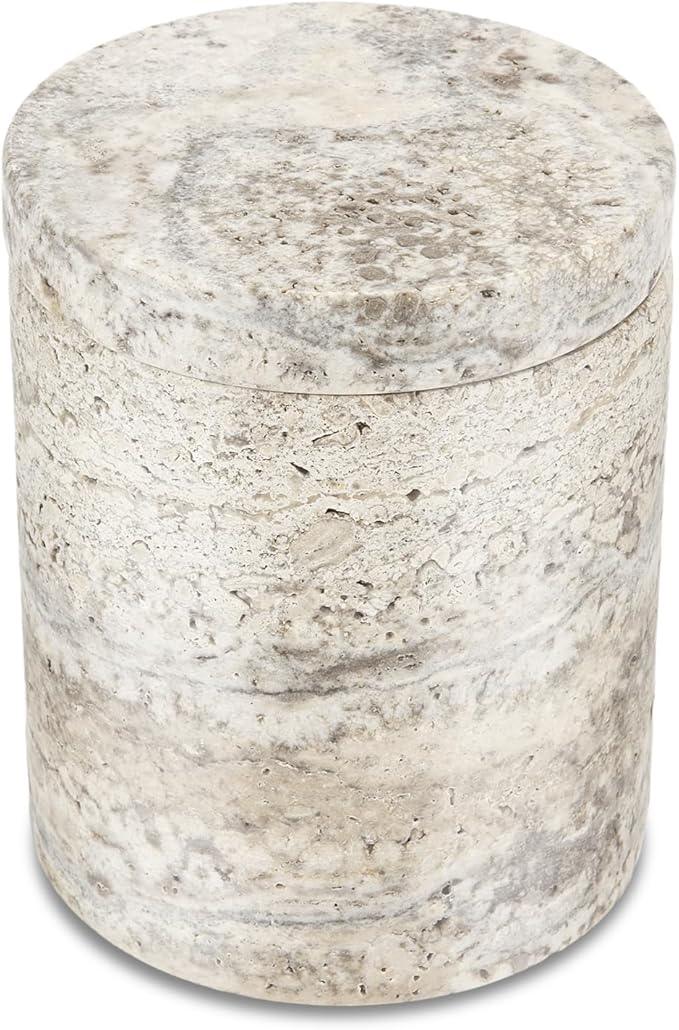 N NANSHOP Natural Marble Canister, Cotton Swab Holder with Lid, High Capacity Bathroom Qtip Holder Storage for Cotton Swab, Floss Picks, Makeup Pad, Bath Salt, Gray Travertine(NS017) - ModernBath