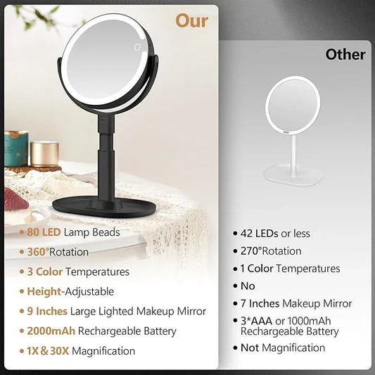 MIYADIVA Makeup Mirror with Lights, 30X Magnifying Mirror with Light and Touch Switch, Vanity Mirror with 3 Color Light and 80 LEDs, Height Adjustable Desk Mirror with Lights, Black - ModernBath