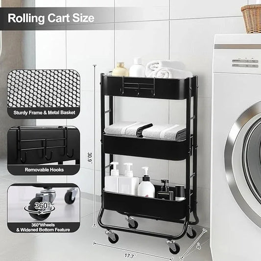 MAX Houser Slim 3-Tier Rolling Utility Cart, Narrow Metal Bathroom Storage Multifunctional Organizer Carts with Wheels with Extra Hook, Laundry Room,Kitchen,Small Space(Black) - ModernBath