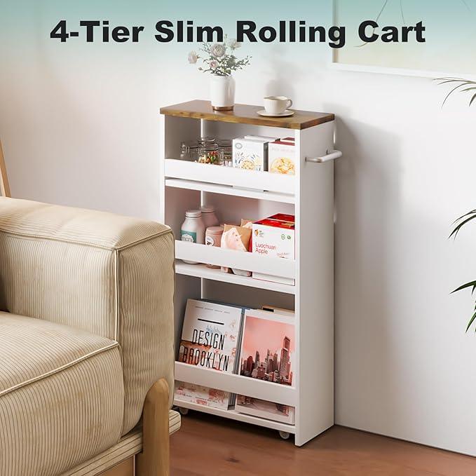 MARTY Rolling Storage Cart 4-Tier White Kitchen Cart with Wheels,Slim Storage Cart with Handle Slide Out Utility Cart Shelving Unit Organizer Trolley for Laundry Narrow Places Bathroom Small Corner - ModernBath