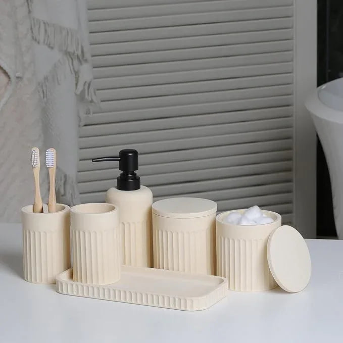INIUNIK Bathroom Accessory Set - 6 Pieces Bathroom Accessories Set Complete with Soap Dispenser, Toothbrush Holders, Tumbler, Vanity Tray and 2 Qtip Holder for Home Organizer and Decor, Beige - ModernBath