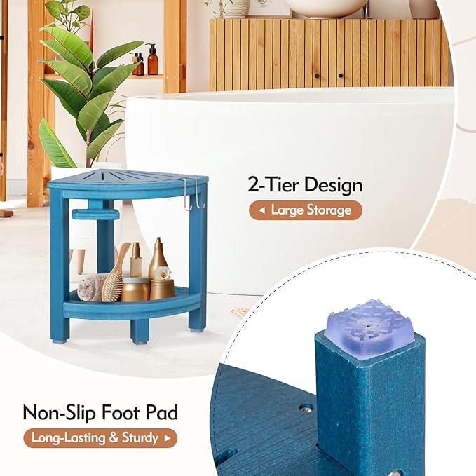 LOENIY 2-Tier Corner Shower Stool with Hooks & Soap Dish, HDPE Shower Bench for Shaving Legs, Wood-Like Shower Stool for Inside Shower with Non-Slip Foot Pads, Waterproof Shower Foot Rest (Blue) - ModernBath