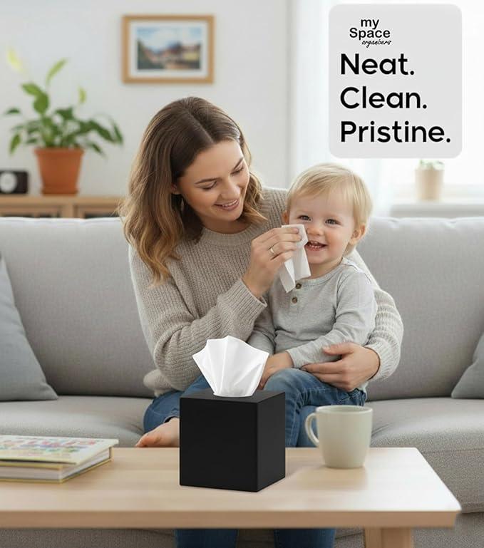 Square Tissue Box Cover | Fits Standard Square Tissue Boxes | Black Tissue Box Holder for Bathroom | Premium Acrylic Tissue Cover | Cube Tissue Holder | 5.3" x 5.3" x 5.5" - ModernBath