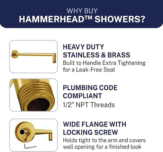 HammerHead Showers® Solid Metal 16 Inch Extended Shower Arm and Flange with Set Screw, Long Shower Arm, Extends Rain Shower Overhead, Wall-Mounted Rain Shower Arm, Brushed Gold