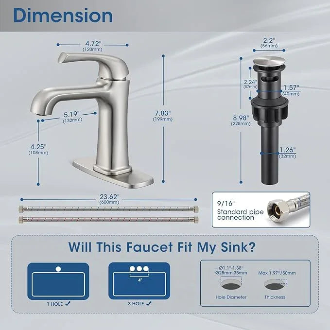 Brushed Nickel Bathroom Faucet, Brass Single Hole Bathroom Faucets for 1 or 3 Holes, Vanity Faucet with Supply Lines and Deck Plate, Pop Up Drain - ModernBath