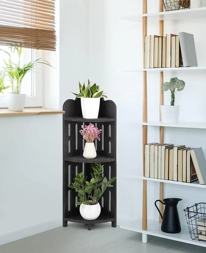 Meangood Bathroom Corner Shelf Stand, 3 Tier Solid Wood Display Shelf for Narrow Space, Shower Corner Shelf, Plant Stand Nightstand, for Living Room, Bedroom, Home Office, Elegant Black - ModernBath