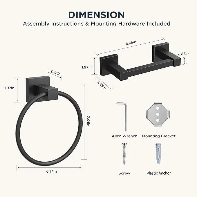 FORIOUS Toilet Paper Holder Wall Mount and Hand Towel Ring Set, SUS 304 Stainless Steel Double Post Pivoting Tissue Roll Holder, Modern Bathroom Hardware Accessories Set, Matte Black - ModernBath