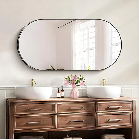 Bathroom Mirrors, 24" x48" Black Mirrors, Oval Vanity Mirrors, Metal Framed Wall Mounted Mirrors, Vertical/Horizontal Mirror for Bathroom Bedroom Entryway Living Room - ModernBath