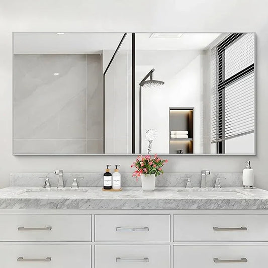 COFENY 30x55In Silver Bathroom Mirror for Wall, Brushed Nickel Rectangle Mirrors with Metal Frame, Bathroom Rectangular Mirror Modern Wall Mirror for Bedroom Living Room, Hangs Horizontal or Vertical - ModernBath