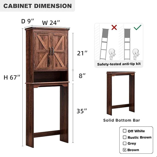 ACCOHOHO Over The Toilet Storage Cabinet, Farmhouse Bathroom Cabinet with Adjustable Shelf & Barn Door, 67" Tall Over The Toilet Shelf, Brown - ModernBath