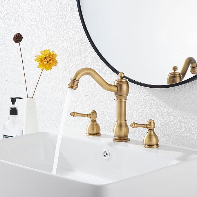 GGStudy 2 Handles 3 Holes Faucet Widespread Bathroom Sink Faucet Basin Tap Mixer Supply Hose Included Matching Pop Up Drain Antique Brass - ModernBath