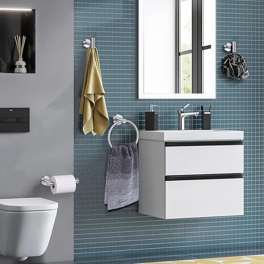 Lairuier Bathroom Hardware Set, 4-pieceTowel Holder Set Include Toilet Paper Holder,Towel Ring and 2 Towel Hooks Stainless Steel Wall Mounted Bathroom Hardware Accessories Set (Brushed Finish)