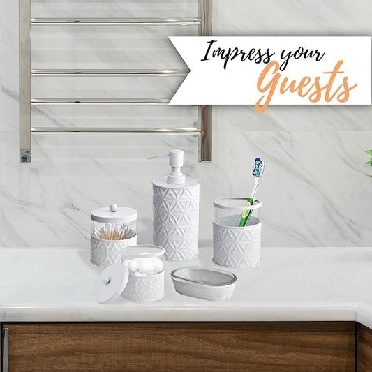 Autumn Alley White Bathroom Accessories Set, 5 Pieces, Bathroom Decor - Soap Dispenser Bathroom/Lotion Dispenser, Toothbrush Holder, 2 Glass Apothecary Jars (Qtip Holder), Soap Holder - ModernBath