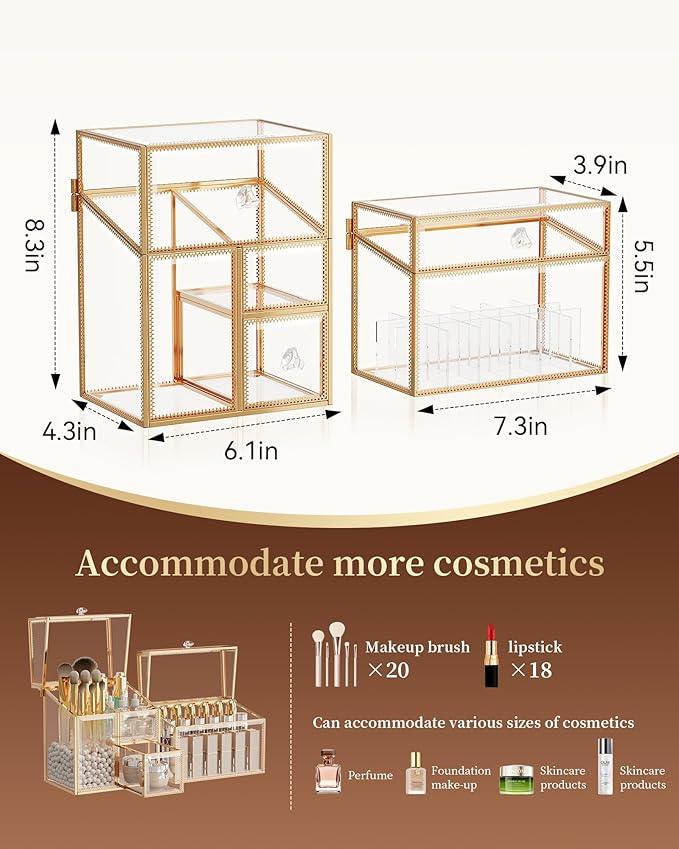 CoralHouse Glass Makeup Organizer Set – Vanity Organizer with 18-Slot Lipstick Organizer & Makeup Brush Holder with Lid – Skincare, Perfume & Cosmetic Storage for Bathroom or Dresser - ModernBath