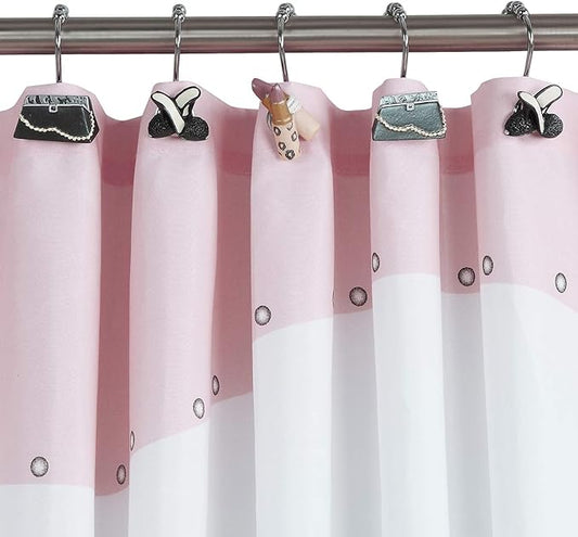 Haute Shower Curtain Hooks for Women Girls Bathroom, Rustproof Black Pink Shower Hooks for Shower Curtain, 5 Roller Ring Balls Decorative Shower Curtain Hooks, Modern Fashion Curtain Hooks, Set of 12