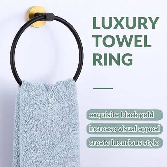 APLusee Black Gold Towel Ring for Bathroom Wall, Stainless Steel Hand Towel Holder, Wall Mounted - ModernBath