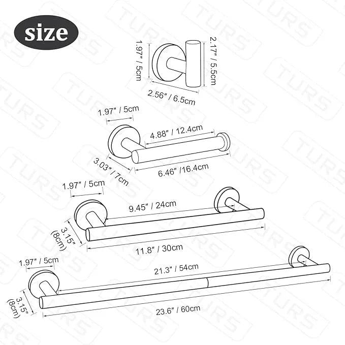 TURS Brushed Nickel 10 Pieces Bathroom Hardware Set, SUS304 Stainless Steel 24 Inch Bath Towel Bar Set, Round Bathroom Accessories Kit Wall Mounted - ModernBath