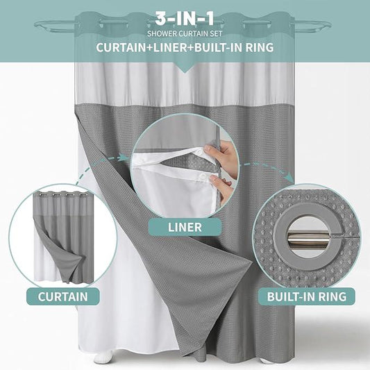 eachope Grey Extra Long No Hook Waffle Weave Shower Curtain with snap-in Liner Replacement, 230GSM Waterproof Fabric Hotel Shower Curtain Set for Bathroom, Through Mesh Top Window,71Wx86H - ModernBath