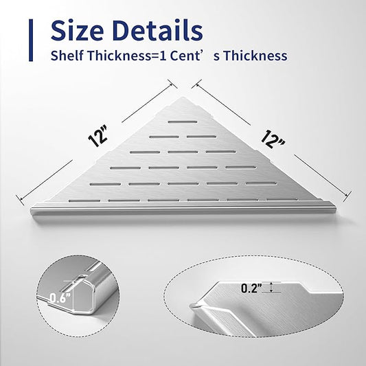 Corner Shower Shelf, 12" Brushed 304 Stainless Steel Slot Design Recessed Corner Shelves 2 Pack Bathroom Grout in Shelf for Tiled Wall, Large Size