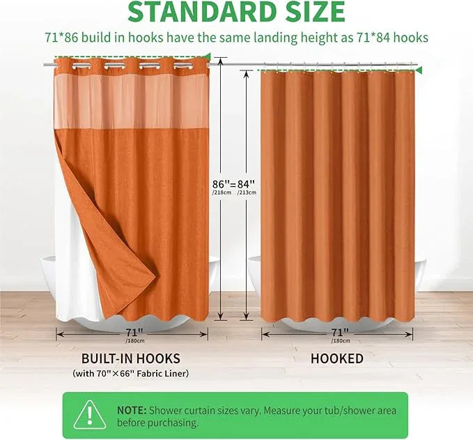 eachope Extra Long No Hooks Needed Linen Textured Shower Curtain with Snap-in Fabric Liner Set,White Hotel Luxury Decor Shower Curtains for Bathroom,Waterproof & Washable,71Wx86H,Burnt Orange - ModernBath