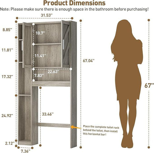Over The Toilet Storage Cabinet with 7 Storage Shelves, Above Toilet Bathroom Organizer with Toilet Paper Holder Stand, Behind Toilet Cabinet, Space Saver for Restroom, Bathroom, Laundry, Grey - ModernBath