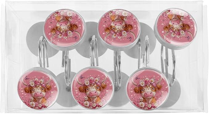 Pink Florals and Highland Cow Rust Proof Shower Curtain Hooks 12Pcs for Bathroom Shower Rod, Decorative Shower Hooks Shower Curtain Hanger Rings Roller, Glass, Resin, Stainless Steel - ModernBath