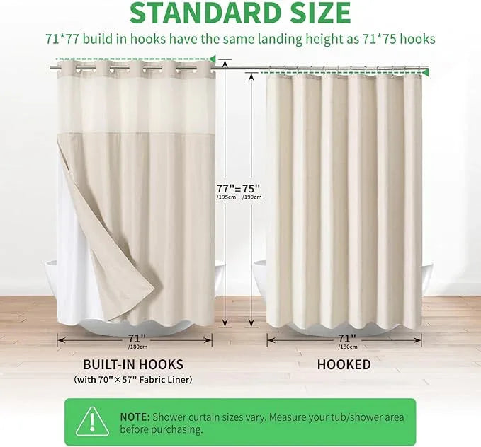 eachope No Hooks Needed Linen Textured Shower Curtain with Snap-in Fabric Liner Set,Cream Hotel Luxury Decor Shower Curtains for Bathroom,Waterproof & Washable,71Wx77H - ModernBath