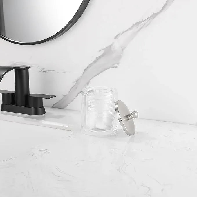 Indecor Home Clear Transparent Apothecary Ribbed Geometric Etched Glass Jar W/Satin Nickel Metal Lid for Bathroom Organization, Cotton Balls, Q Tips, and Small Accessories, Bathroom Storage - ModernBath