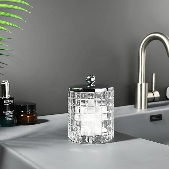 Indecor Home Glass Cotton Jar Holder Silver Lid, Elegant Bathroom Storage Canister for Qtips, Cotton Balls, Floss, Makeup Organizer, Vanity Bathroom Organization - ModernBath
