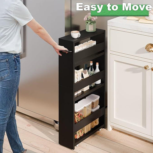 MARTY Slim Rolling Storage Cart 4-Tier Kitchen Cart with Wheels, Laundry Room Storage with Handle Slide Out Utility Cart Shelving Unit Organizer Trolley for Narrow Places Bathroom Small Corner, Black - ModernBath