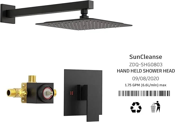 SunCleanse Matte Black Shower Faucet Set with Valve, 8 Inch Square Shower Head and Handle Set, Single Handle Shower Trim Kit with Extra Long Shower Arm - ModernBath