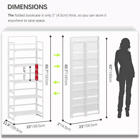 4NM No Assembly 5 Tiers Folding Bookshelf Storage Shelves Vintage Bookcase Standing Racks Study Organizer Home Office (All White) - ModernBath