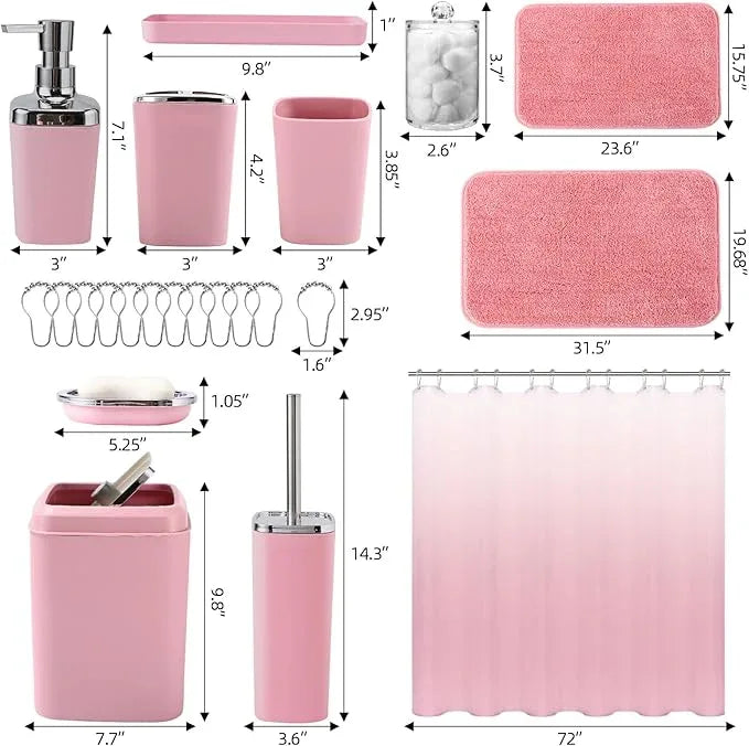 XLHOMO Bathroom Accessory Set–Bathroom Sets with Shower Curtain and Rugs, Non Slip Bathroom Rugs Super Absorbent, Pink Ombre Waterproof Shower Curtain with Hooks, Pink Bathroom Sets Complete for Home - ModernBath