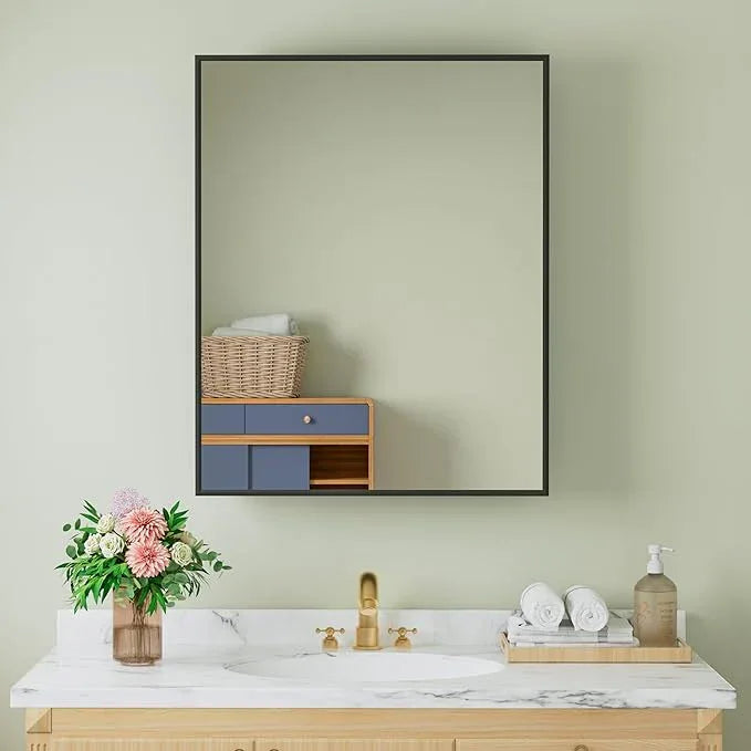 Buruis 24" x 30" Framed Medicine Cabinet with Mirror, Recessed or Wall Mounted Bathroom Cabinet, Adjustable Tempered Glass Shelves, Left/Right Open Reversible, No Assembly Required, Black - ModernBath