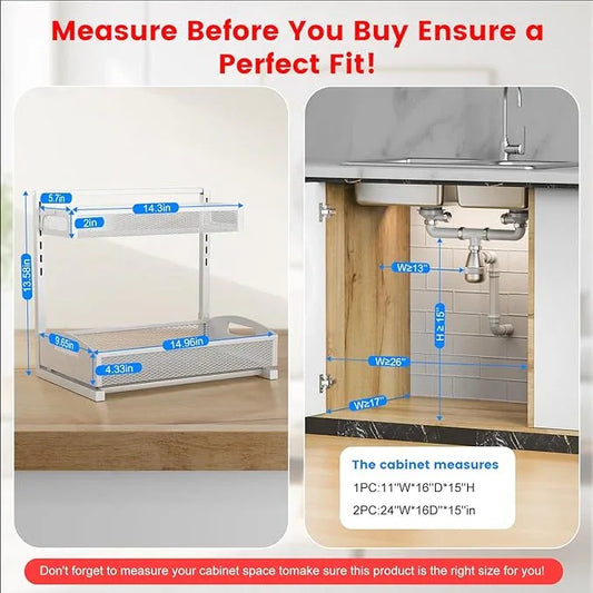 Metal Under Sink Organizer, Pull Out Cabinet Organizer Rack with Silk-Smooth Bottom Drawer, 5-Level Adjustable, Multi-Purpose Storage Shelf for Bathroom, Kitchen, Vanity, Pantry (2-Pack) - ModernBath