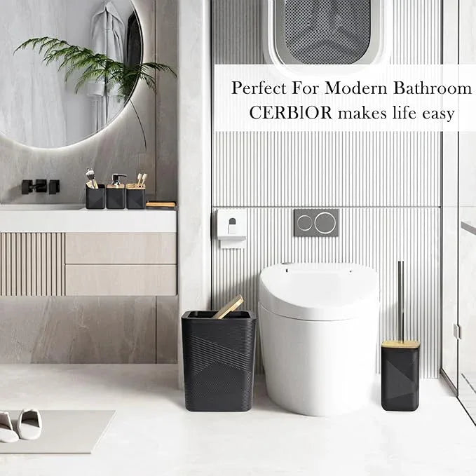 CERBIOR Bathroom Accessories Set 6 Piece Bamboo Bath Ensemble Includes Soap Dispenser, Toothbrush Holder, Toothbrush Cup, Soap Dish for Decorative Countertop and Housewarming Gift (Black) - ModernBath