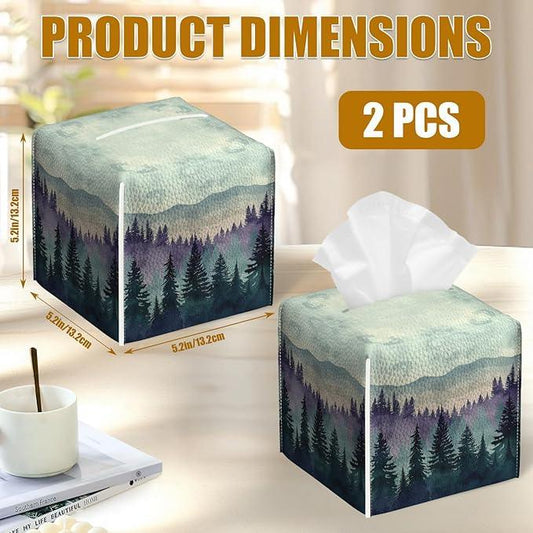 Misty Forest Tissue Box Cover 2PCS, Leather Tissue Box Holder Square Facial Paper Case Tissue Box Cube Organizer for Bathroom Bedroom Desk Office - ModernBath