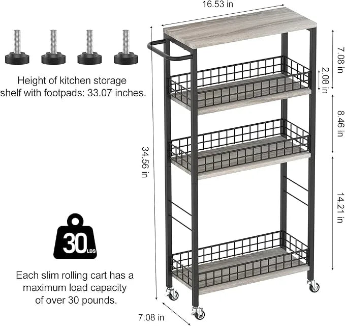 4 Tier Slim Storage Cart Narrow Laundry Cart on Wheels Utility Kitchen Rolling Cart with Wood Tabletop Mobile Shelving Unit Bathroom Storage Organizer Slide Out Rolling Tower for Narrow Spaces - ModernBath